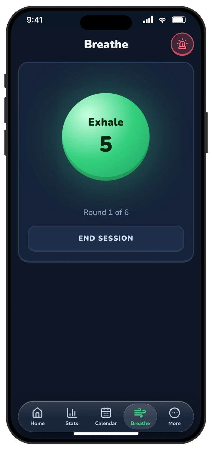 Wobbi breathing exercise showing a hold-and-count circle